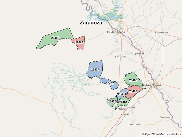 Mapa de códigos postales de Zaragoza, Coahuila de Zaragoza