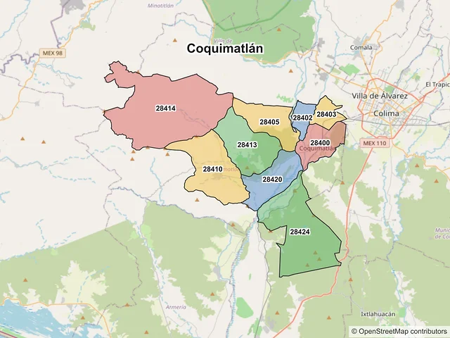 Mapa de códigos postales de Coquimatlán, Colima