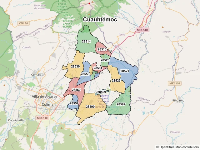 Mapa de códigos postales de Cuauhtémoc, Colima