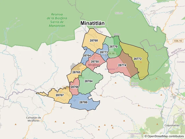 Mapa de códigos postales de Minatitlán, Colima
