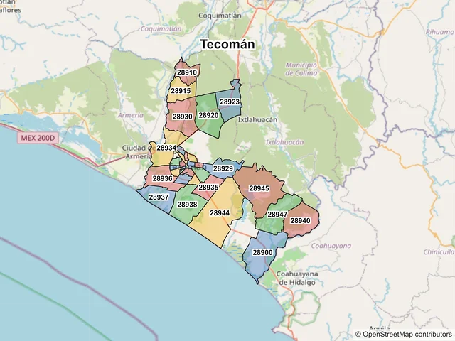 Mapa de códigos postales de Tecomán, Colima