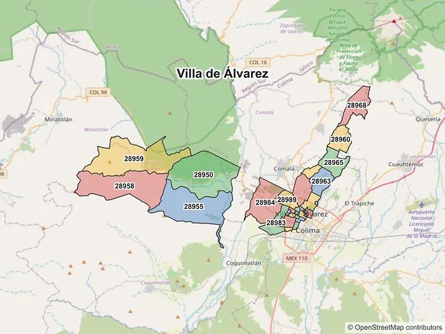 Mapa de códigos postales de Villa de Álvarez, Colima