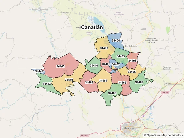 Mapa de códigos postales de Canatlán, Durango