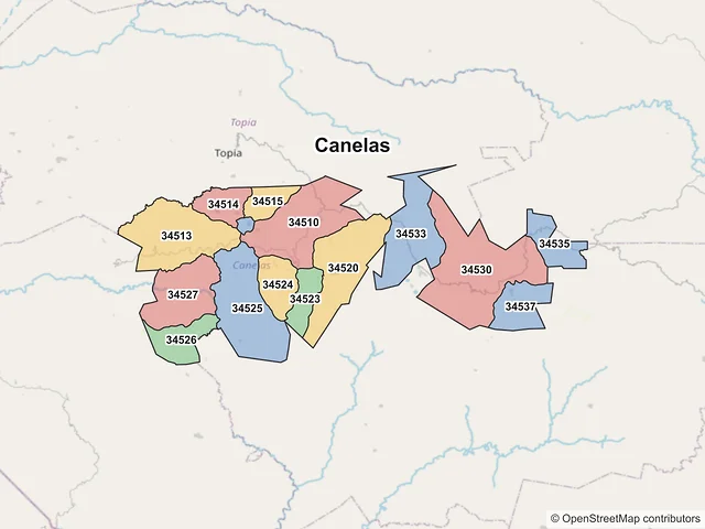 Mapa de códigos postales de Canelas, Durango