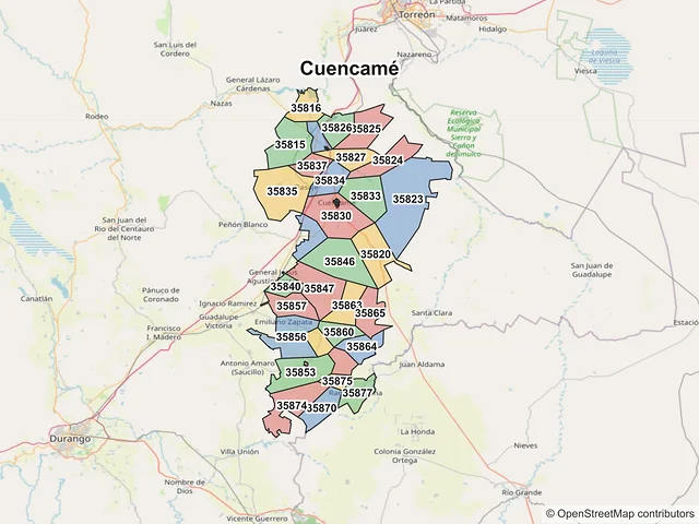 Mapa de códigos postales de Cuencamé, Durango