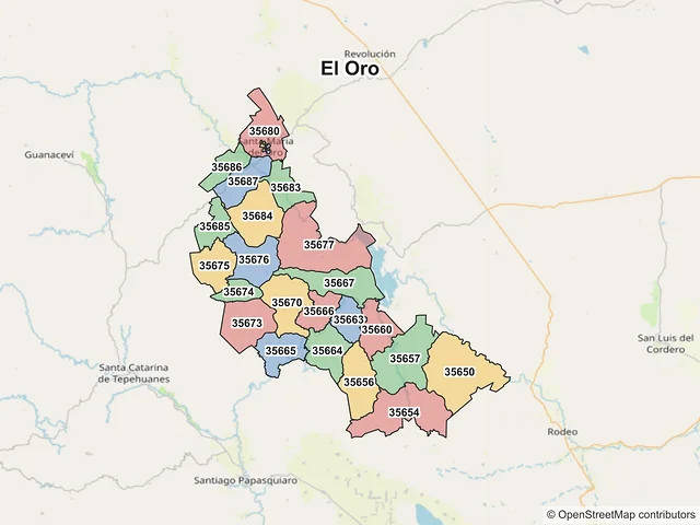 Mapa de códigos postales de El Oro, Durango