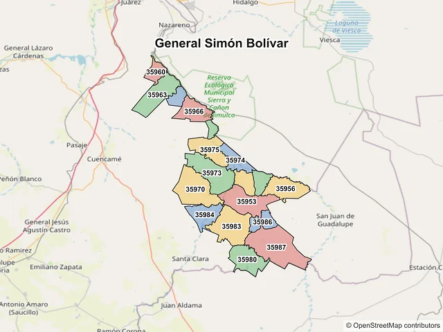 Mapa de códigos postales de General Simón Bolívar, Durango