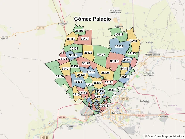 Mapa de códigos postales de Gómez Palacio, Durango