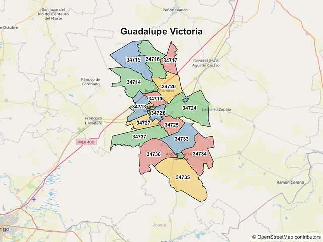 Mapa de códigos postales de Guadalupe Victoria, Durango