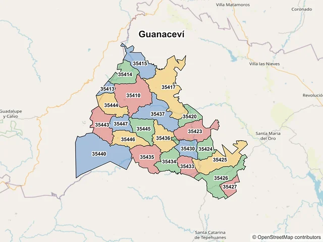 Mapa de códigos postales de Guanaceví, Durango