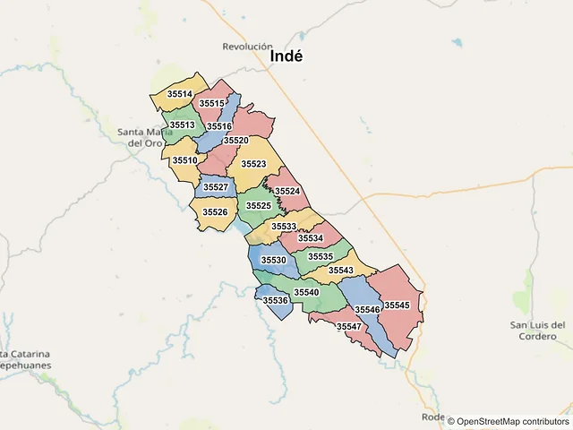Mapa de códigos postales de Indé, Durango