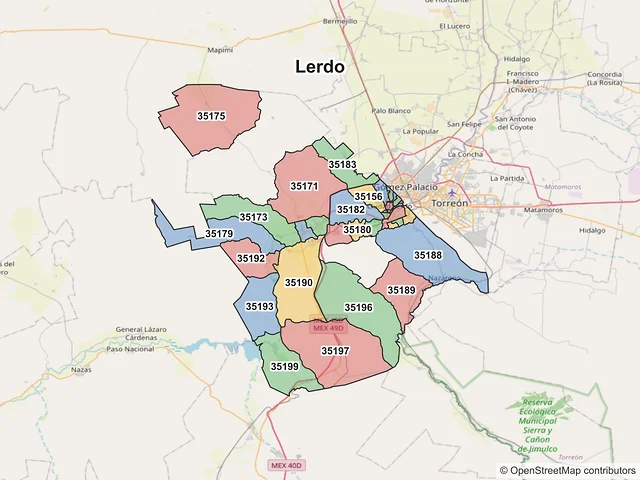 Mapa de códigos postales de Lerdo, Durango