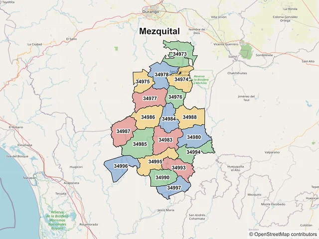 Mapa de códigos postales de Mezquital, Durango
