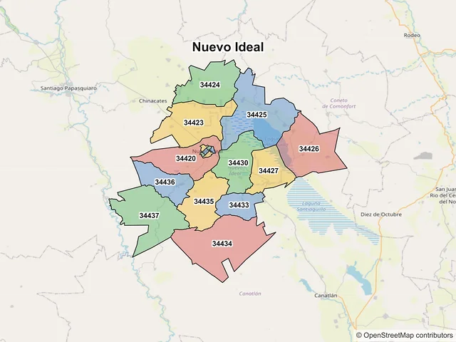 Mapa de códigos postales de Nuevo Ideal, Durango