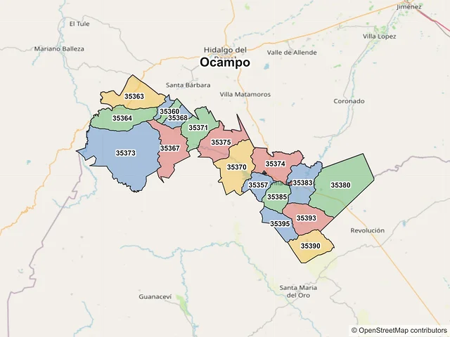 Mapa de códigos postales de Ocampo, Durango