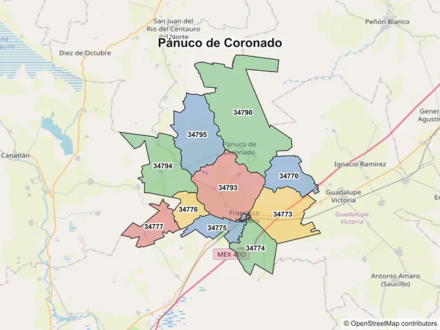Mapa de códigos postales de Pánuco de Coronado, Durango
