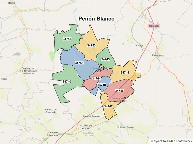 Mapa de códigos postales de Peñón Blanco, Durango