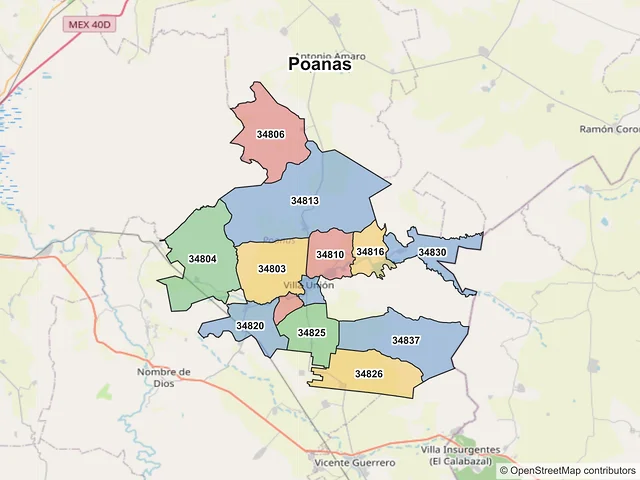 Mapa de códigos postales de Poanas, Durango