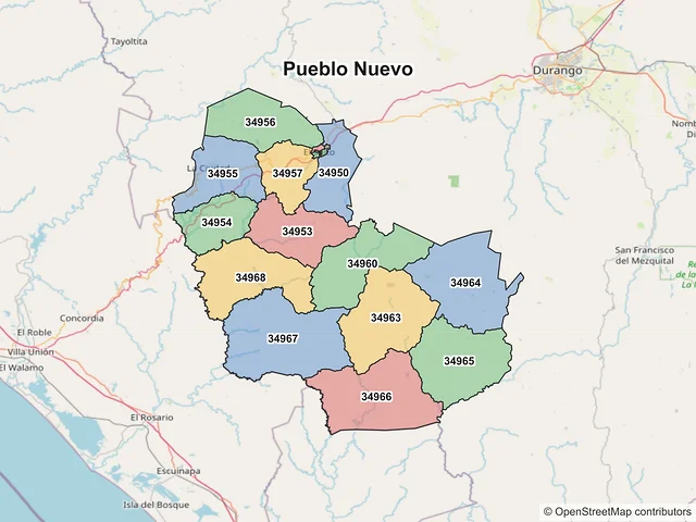 Mapa de códigos postales de Pueblo Nuevo, Durango