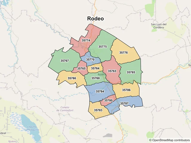 Mapa de códigos postales de Rodeo, Durango
