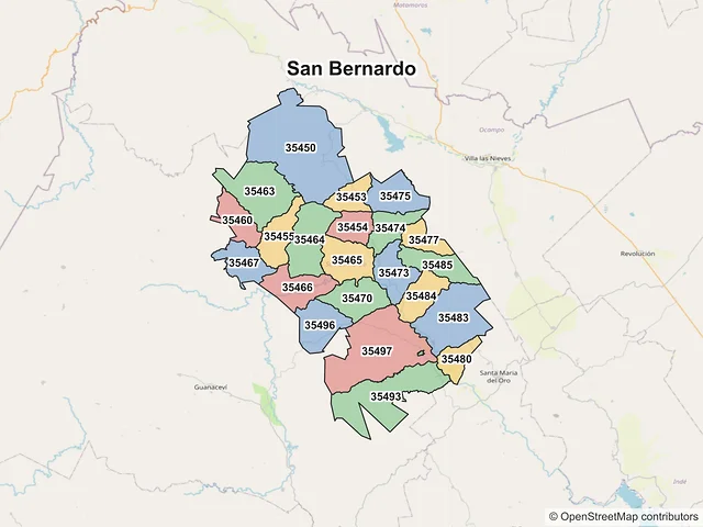 Mapa de códigos postales de San Bernardo, Durango