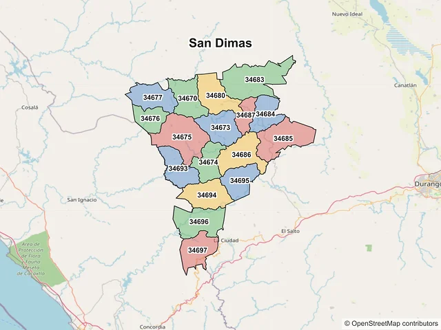 Mapa de códigos postales de San Dimas, Durango
