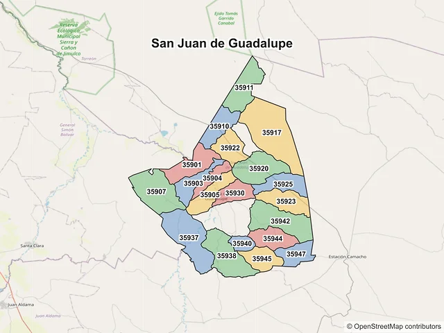 Mapa de códigos postales de San Juan de Guadalupe, Durango
