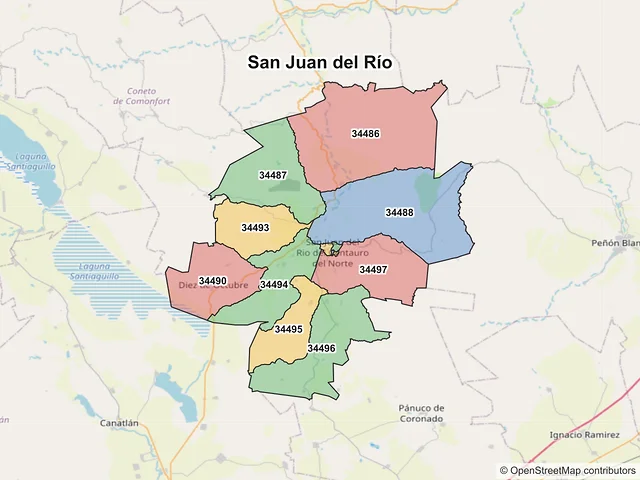 Mapa de códigos postales de San Juan del Río, Durango