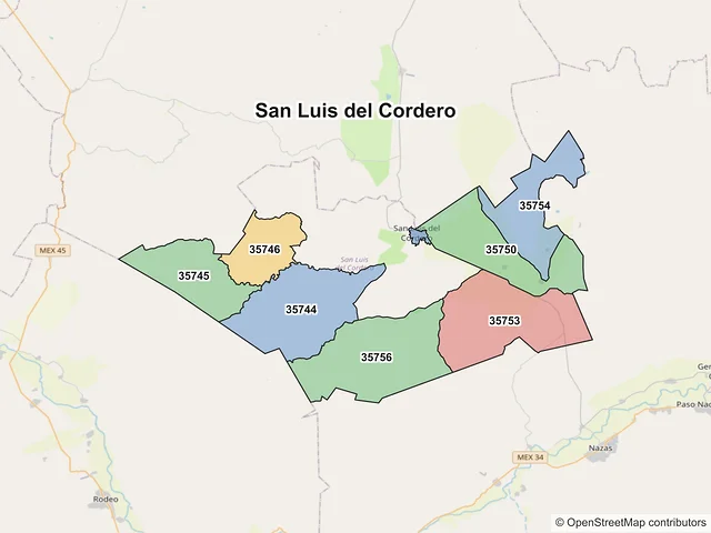 Mapa de códigos postales de San Luis del Cordero, Durango