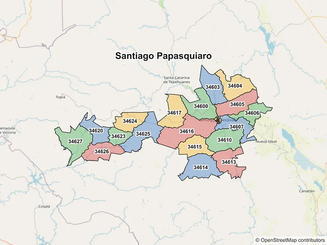 Mapa de códigos postales de Santiago Papasquiaro, Durango