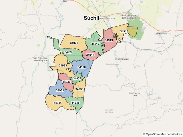 Mapa de códigos postales de Súchil, Durango