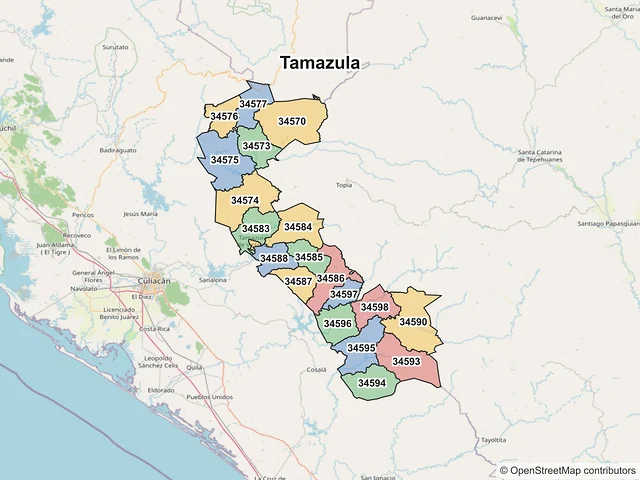 Mapa de códigos postales de Tamazula, Durango