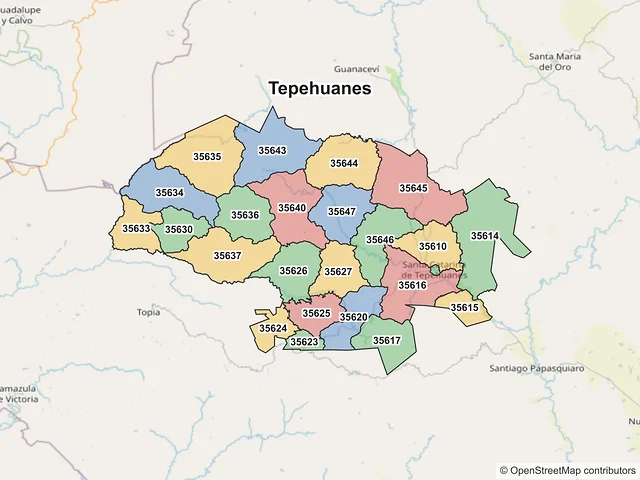 Mapa de códigos postales de Tepehuanes, Durango