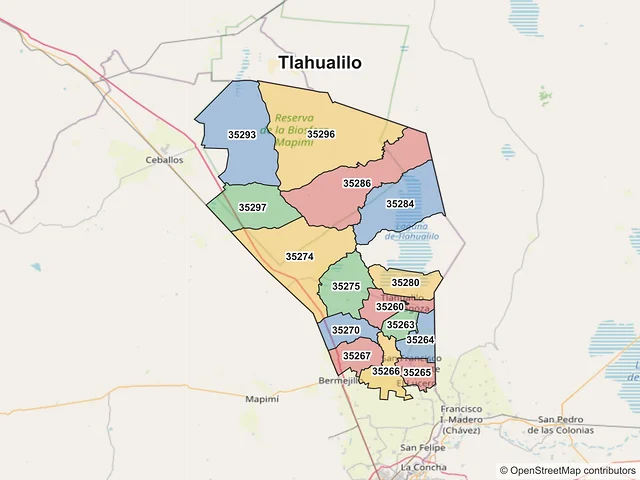 Mapa de códigos postales de Tlahualilo, Durango