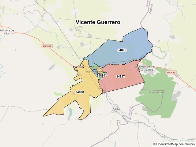 Mapa de códigos postales de Vicente Guerrero, Durango