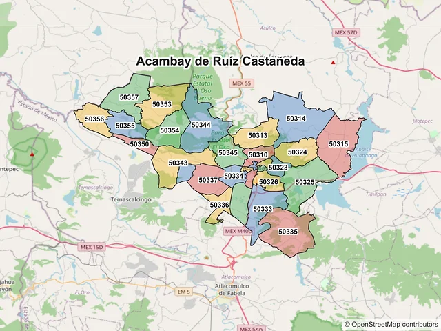 Mapa de códigos postales de Acambay de Ruíz Castañeda, México