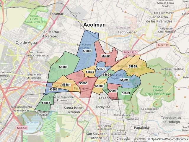 Mapa de códigos postales de Acolman, México
