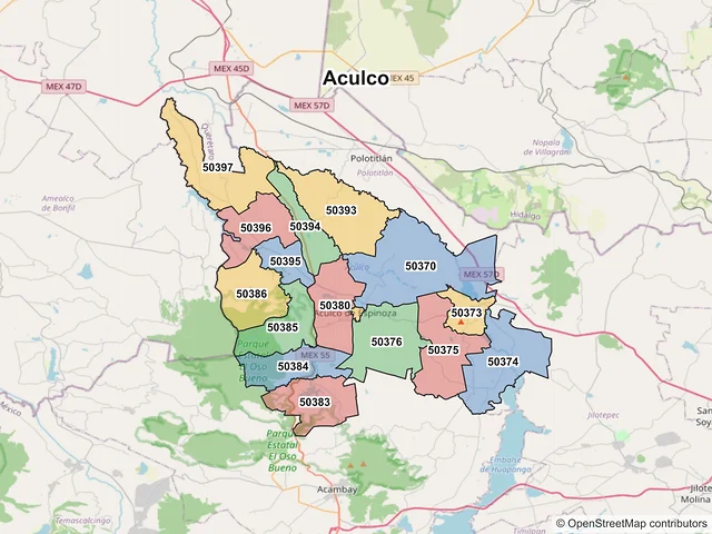 Mapa de códigos postales de Aculco, México