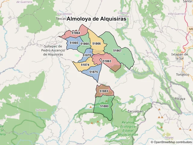 Mapa de códigos postales de Almoloya de Alquisiras, México
