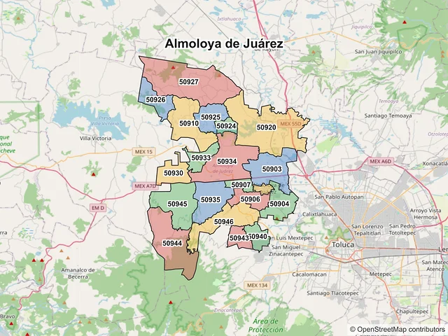 Mapa de códigos postales de Almoloya de Juárez, México