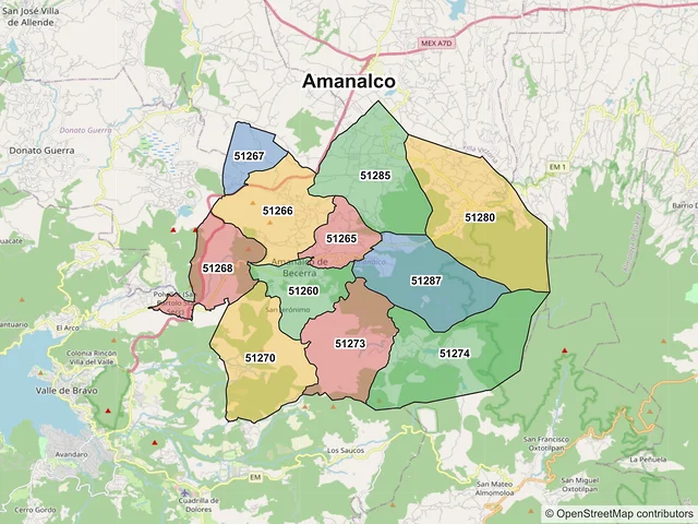 Mapa de códigos postales de Amanalco, México