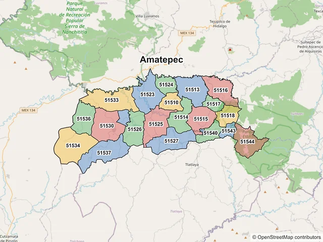 Mapa de códigos postales de Amatepec, México