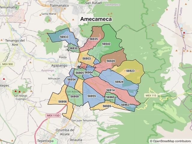 Mapa de códigos postales de Amecameca, México