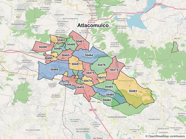 Mapa de códigos postales de Atlacomulco, México
