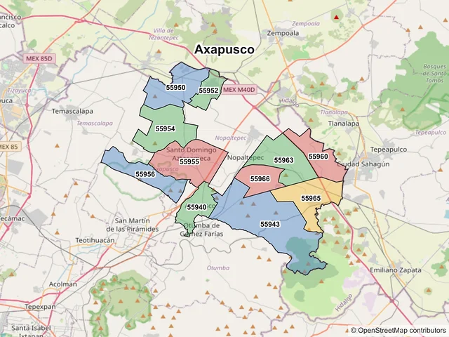 Mapa de códigos postales de Axapusco, México