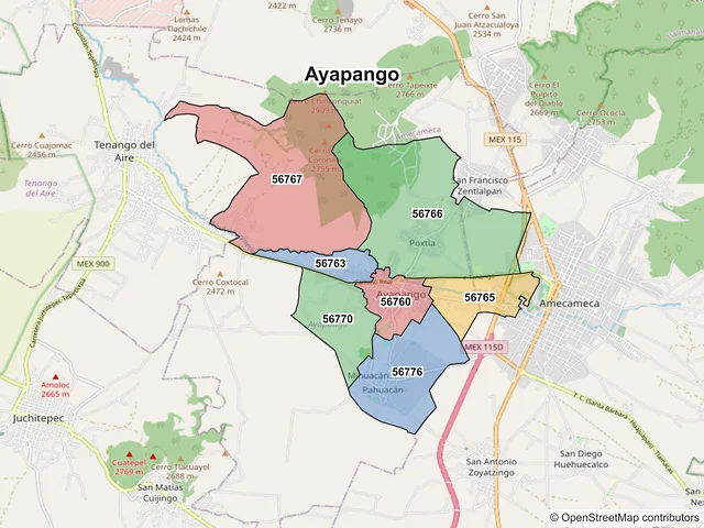 Mapa de códigos postales de Ayapango, México