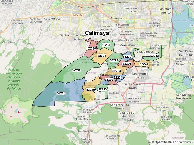 Mapa de códigos postales de Calimaya, México