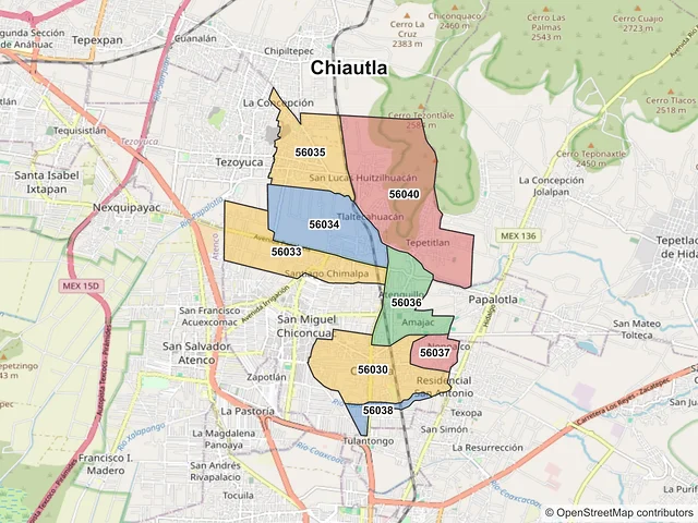 Mapa de códigos postales de Chiautla, México