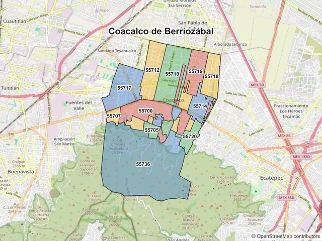 Mapa de códigos postales de Coacalco de Berriozábal, México