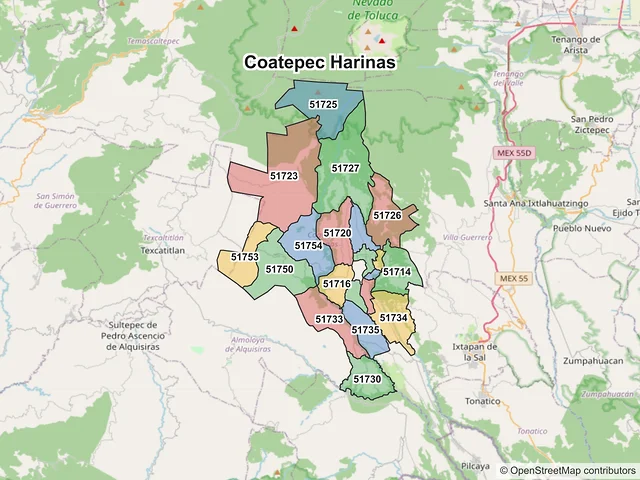 Mapa de códigos postales de Coatepec Harinas, México